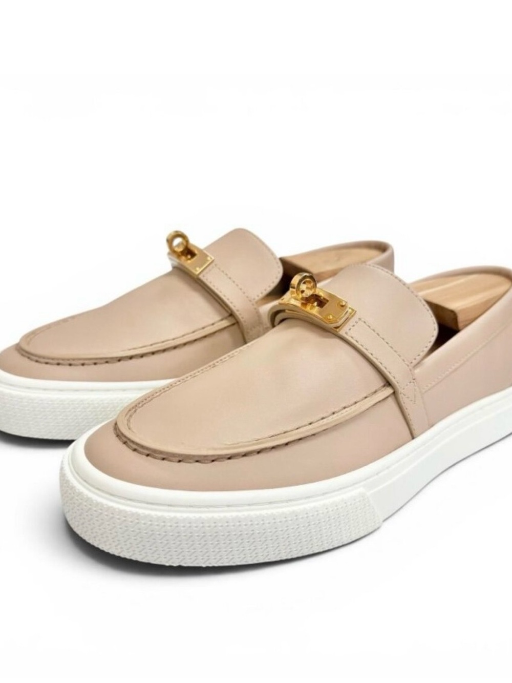 Hermes Beige Leather Slip-On Loafers with Gold Hardware